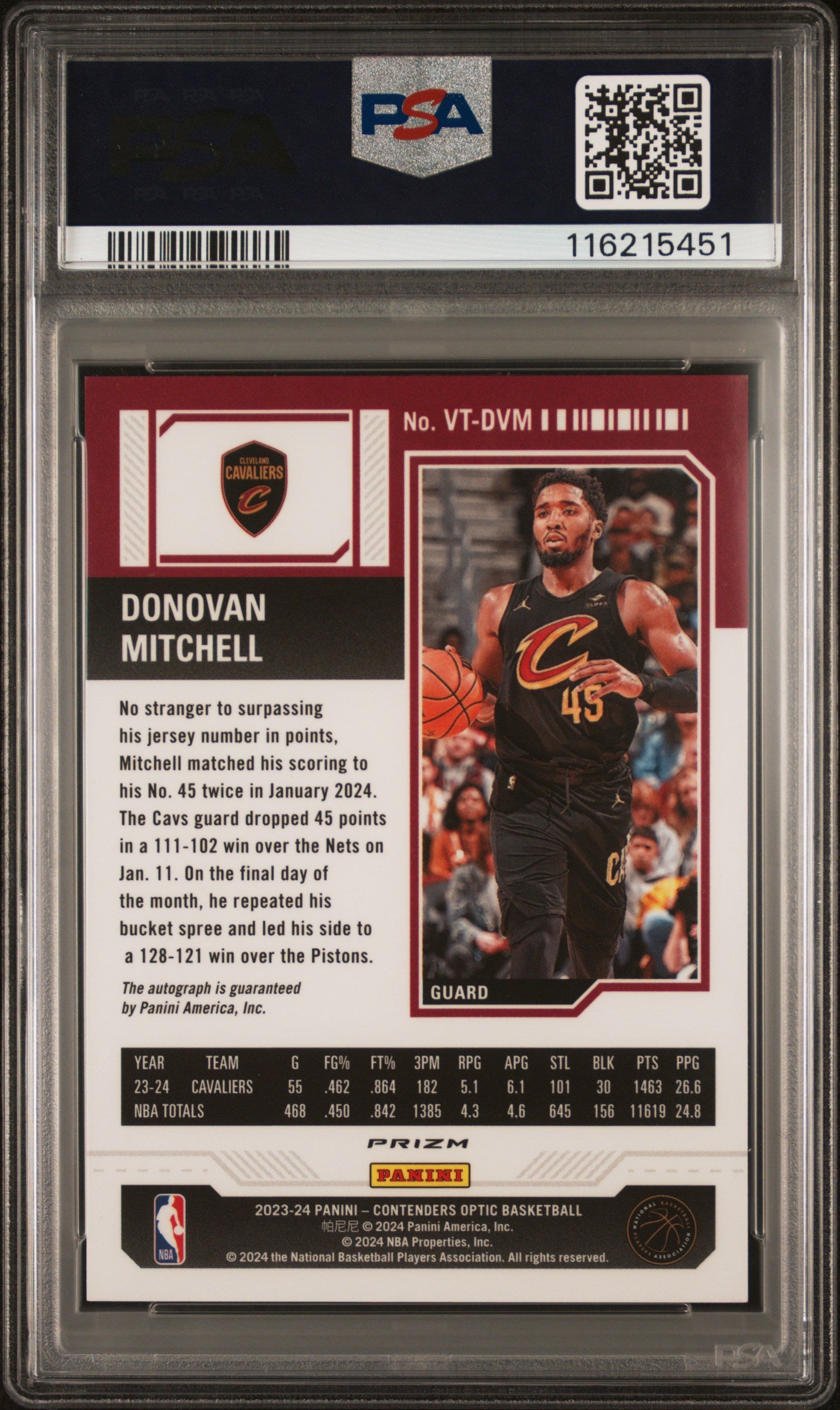 2023 Panini Contenders Optic Veteran Ticket Autographs Donovan Mitchell #VTDVM PSA 10