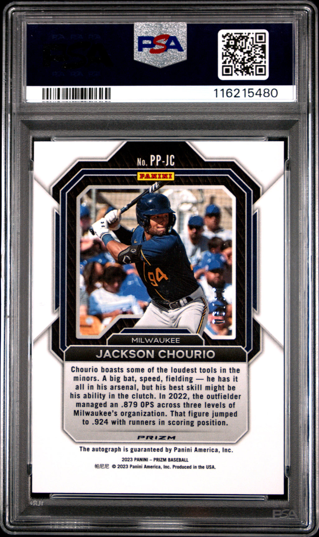 2023 Panini Prizm Potential Penmanship Jackson Chourio GLD #PPJC PSA 9
