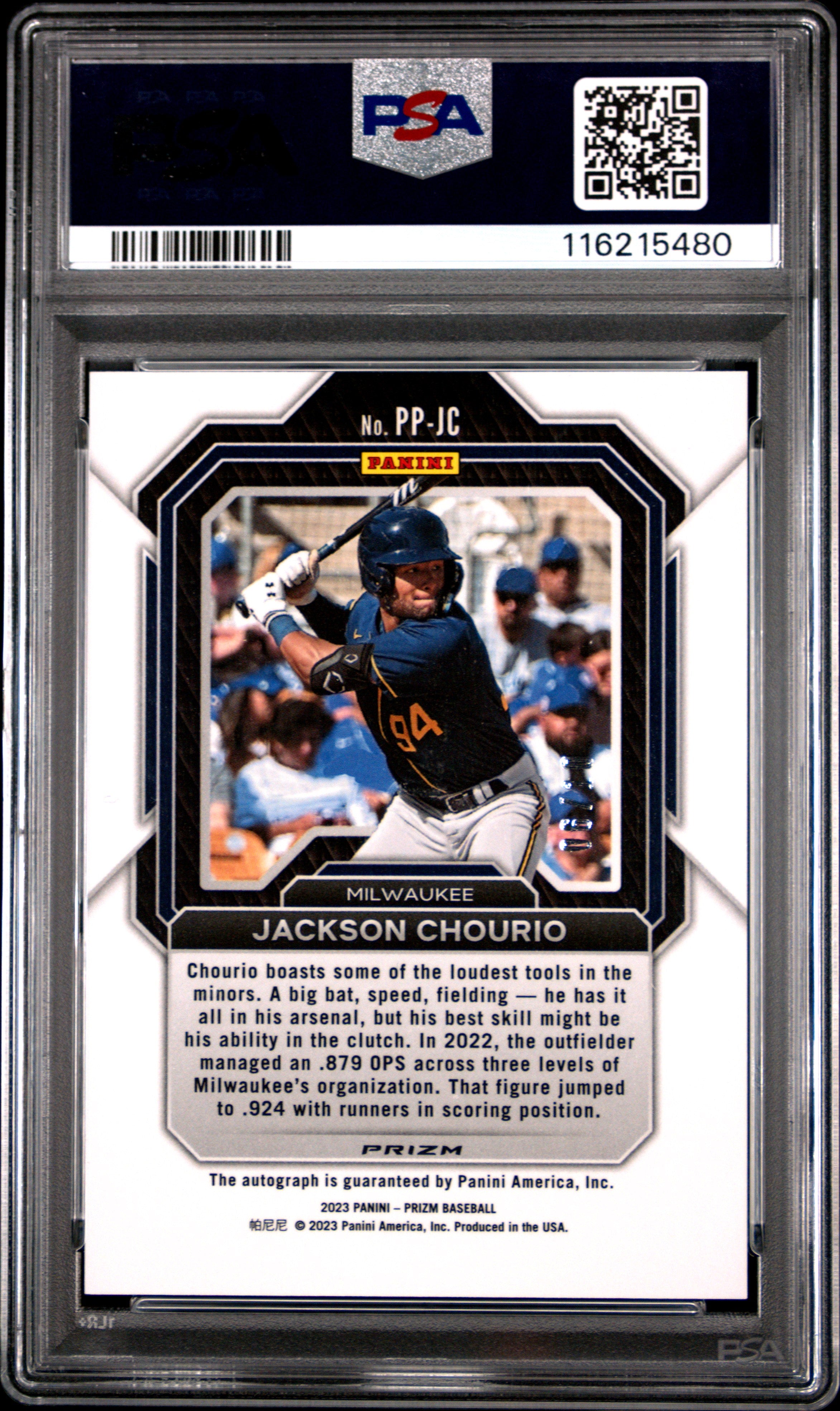 2023 Panini Prizm Potential Penmanship Jackson Chourio GLD #PPJC PSA 9