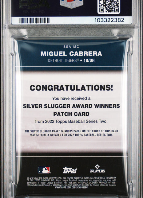 2022 Topps Silver Slugger Award Winner Patches Commemorative Relics Miguel Cabrera SLV. SLG. A PT. Comm. RLC. #SSA-MC PSA A