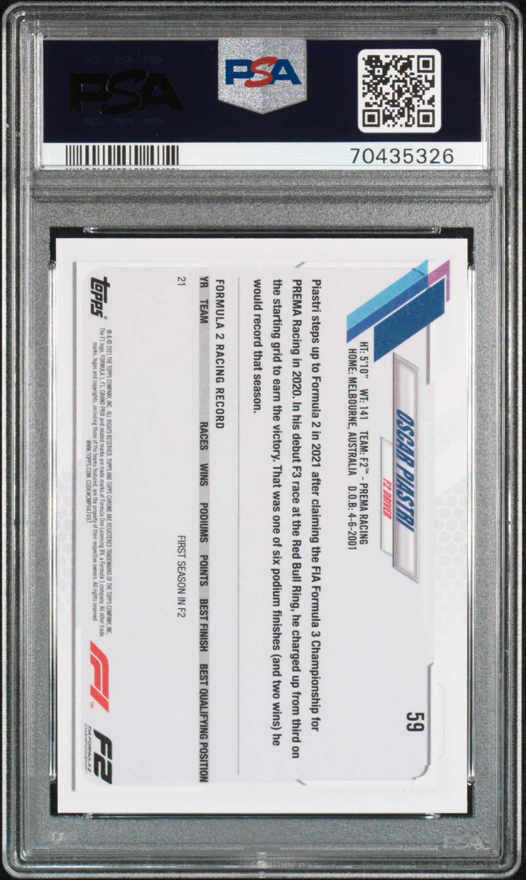 2021 Topps Chrome Formula 1 Oscar Piastri #59 PSA 10