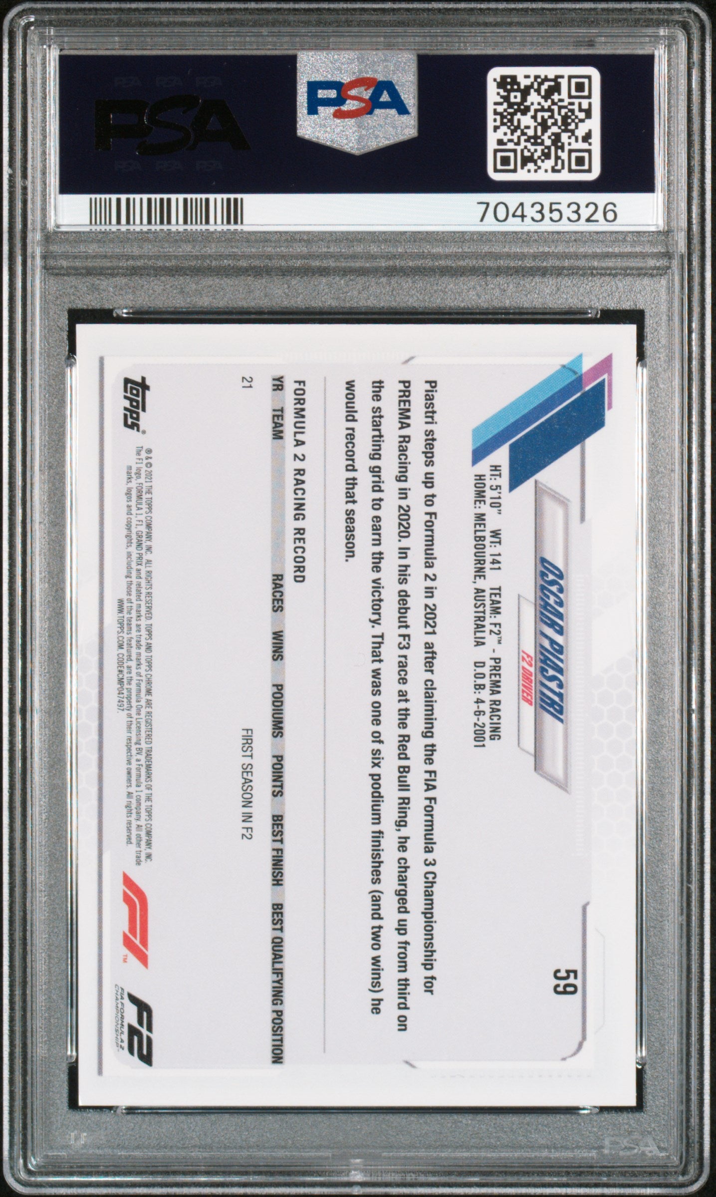2021 Topps Chrome Formula 1 Oscar Piastri #59 PSA 10