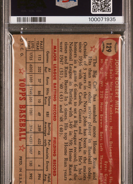 1952 Topps Johnny Mize PSA 1