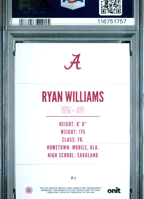 2024 Onit University Of Alabama Nil Ryan Williams Special Parallel Pink #P1 PSA 10