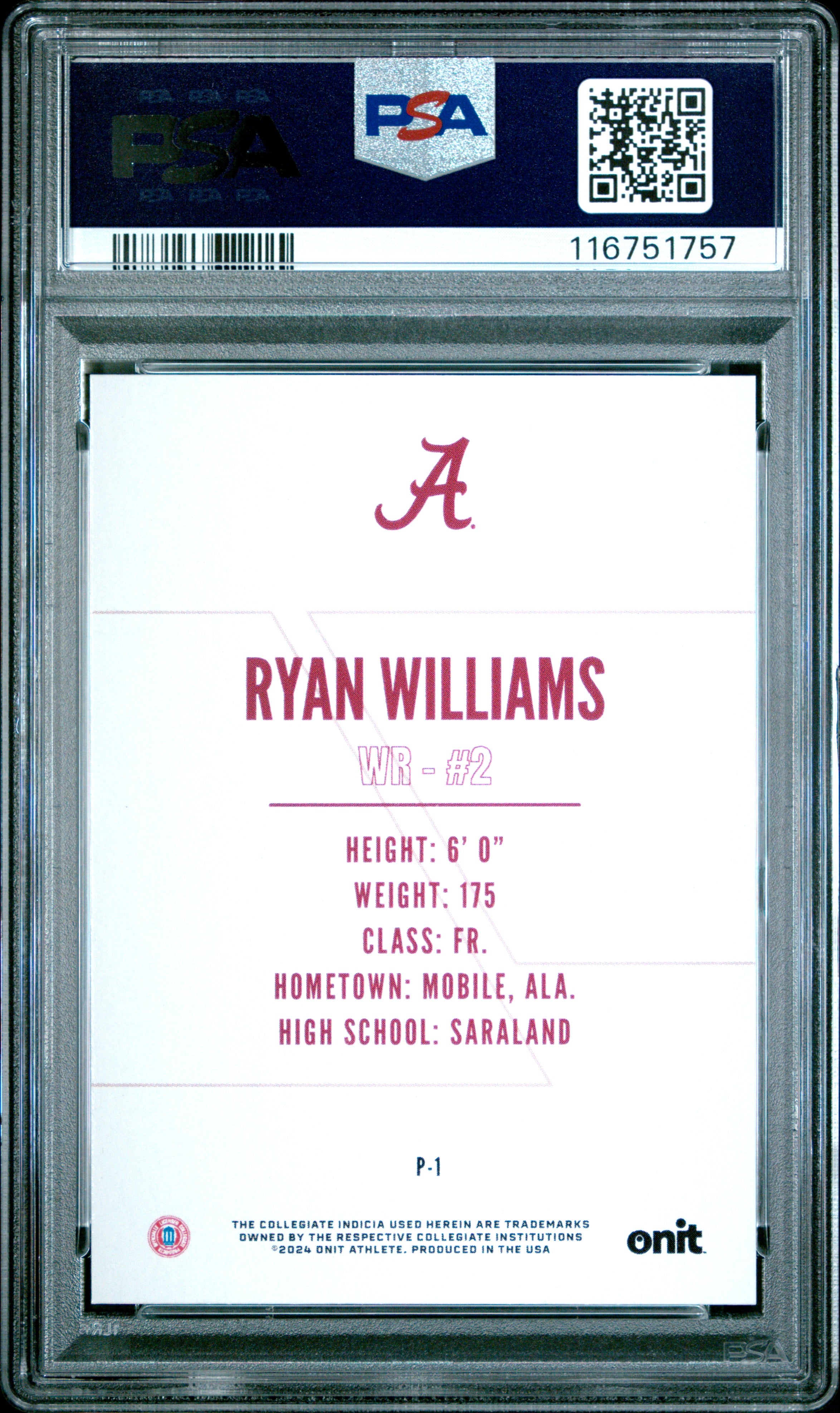 2024 Onit University Of Alabama Nil Ryan Williams Special Parallel Pink #P1 PSA 10