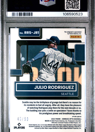2022 Panini Donruss Optic Optic Rated Rookie Signatures Julio Rodriguez RKE. SIG Blue #RRSJR1 PSA 9