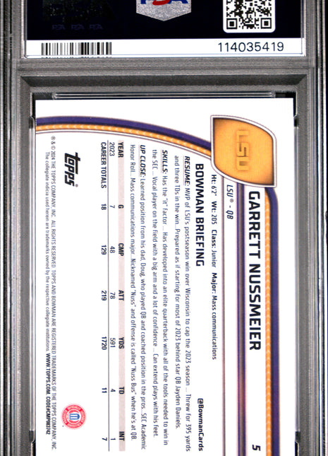 2024 Bowman University Chrome Sapphire Garrett Nussmeier #5 PSA 9