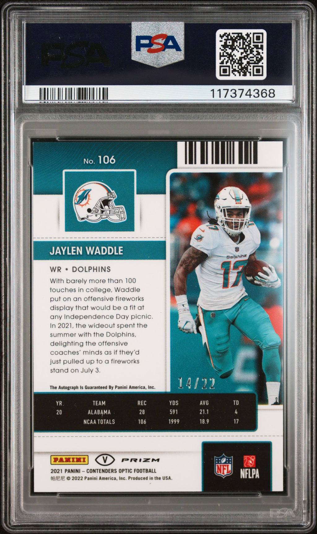 2021 Panini Contenders Optic Jaylen Waddle Var Auto Cracked Ice #106 PSA 9