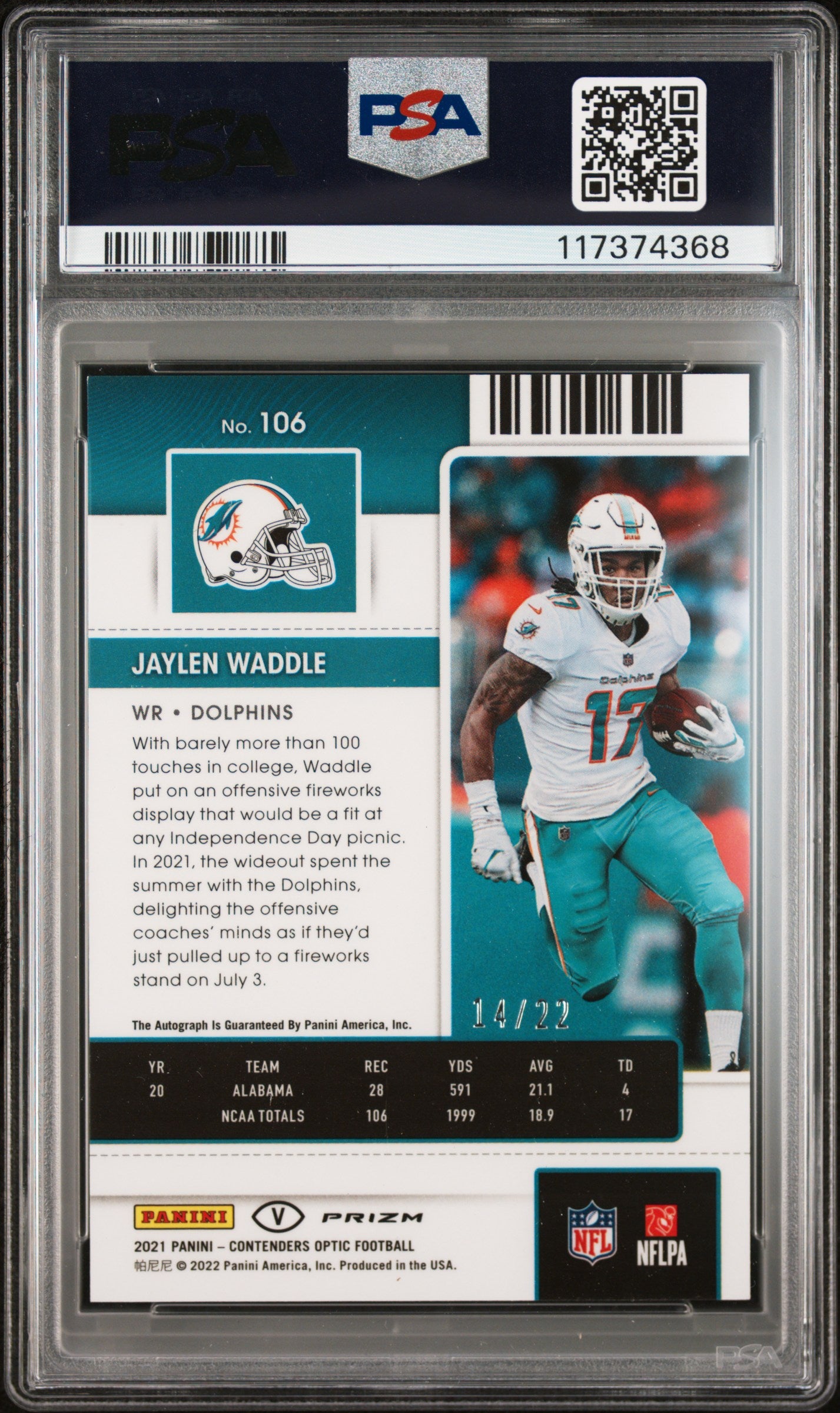 2021 Panini Contenders Optic Jaylen Waddle Var Auto Cracked Ice #106 PSA 9
