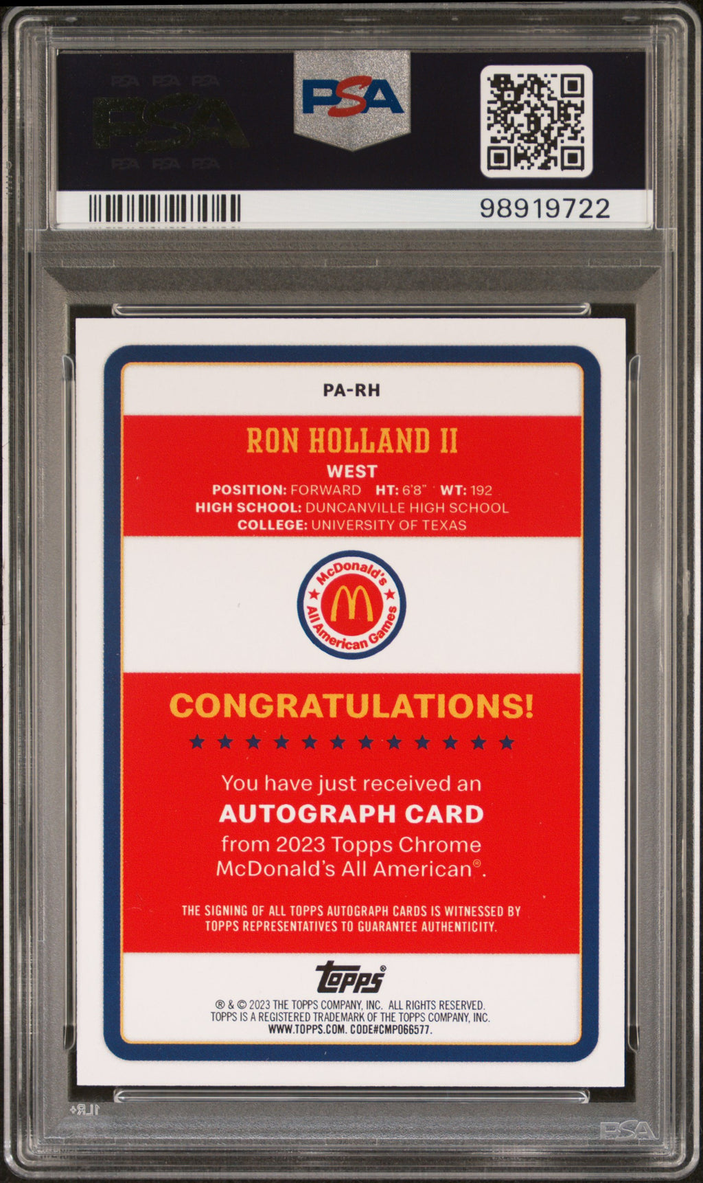 2023 Topps Chrome Mcdonald's All-American Gameday Paper Autographs Ron Holland II #PARH PSA 9