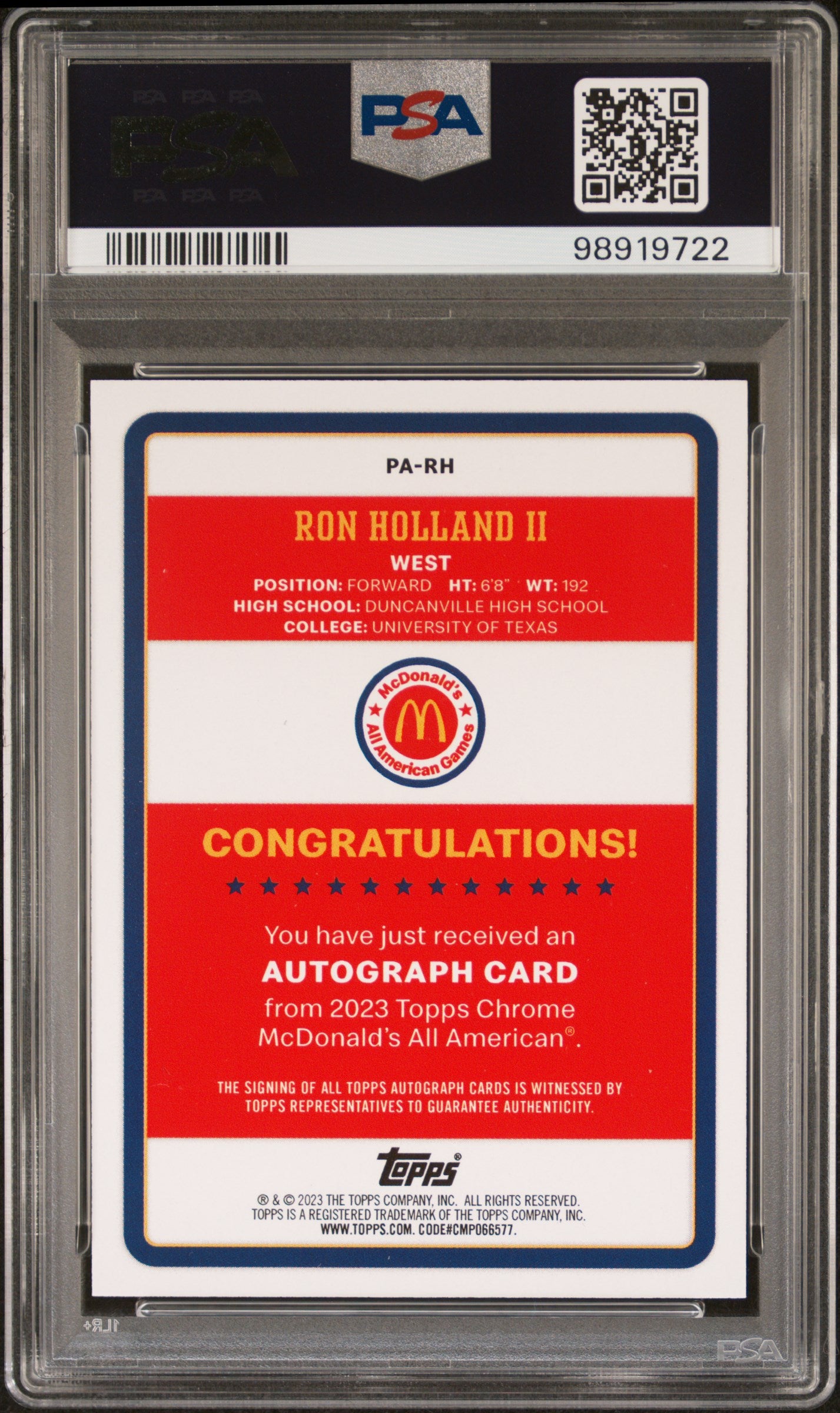 2023 Topps Chrome Mcdonald's All-American Gameday Paper Autographs Ron Holland II #PARH PSA 9
