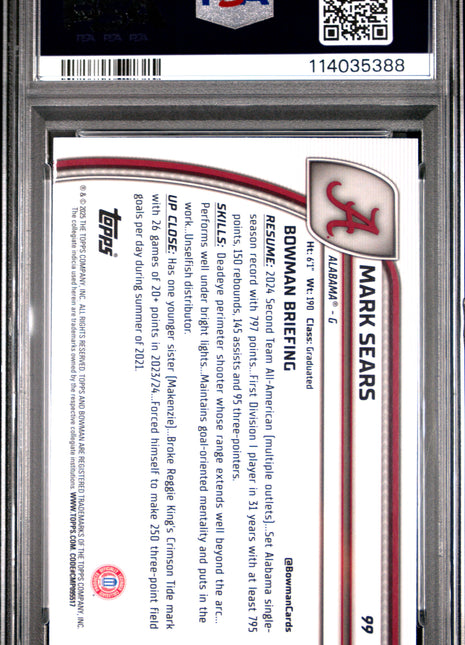 2024 Bowman Chrome University Mark Sears Blue Refractor #99 PSA 10