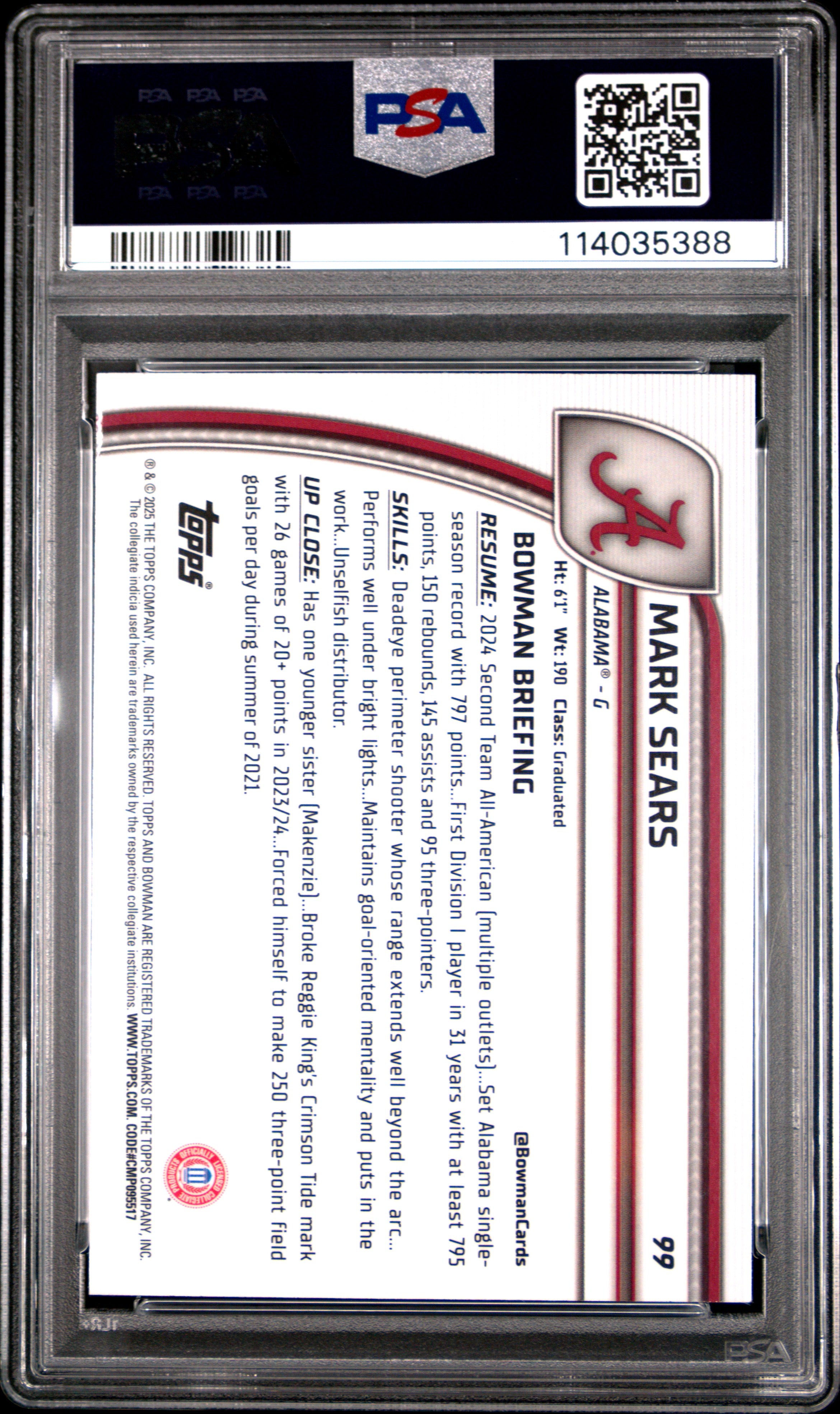 2024 Bowman Chrome University Mark Sears Blue Refractor #99 PSA 10
