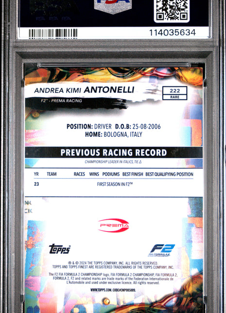 2024 Topps Finest Formula 1 Andrea Kimi Antonelli Blue Refractor #222 11/99 PSA 10