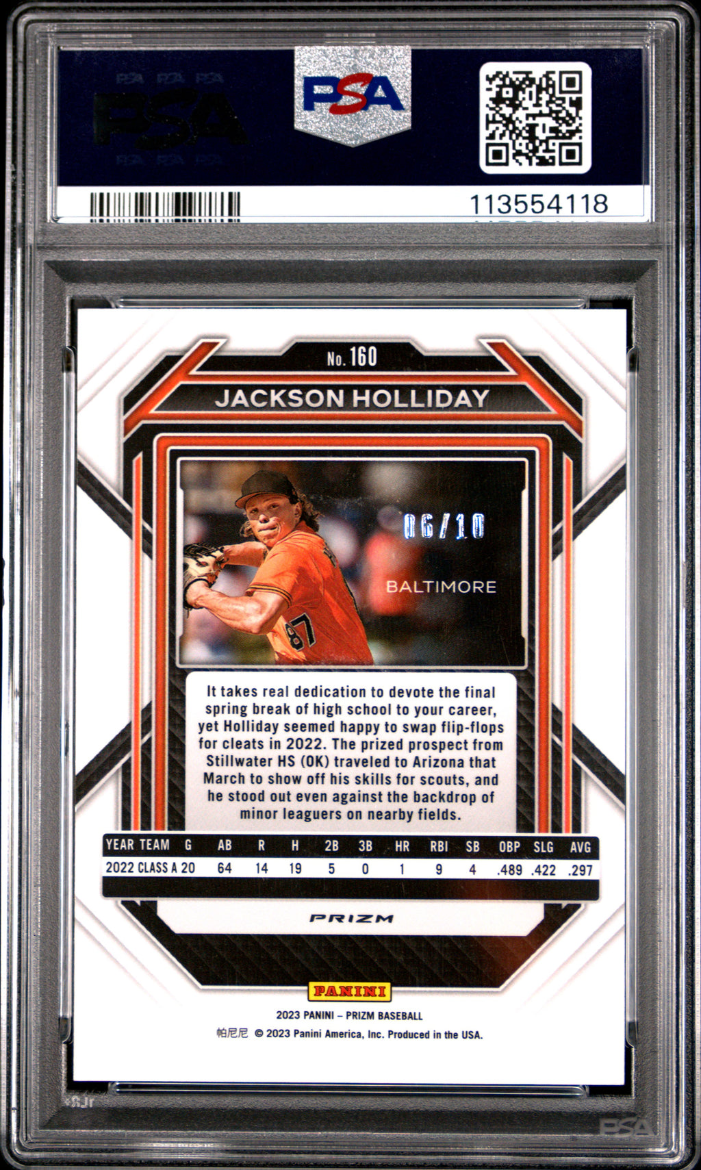 2023 Panini Prizm Jackson Holliday Gold Shimmer #160 PSA 9