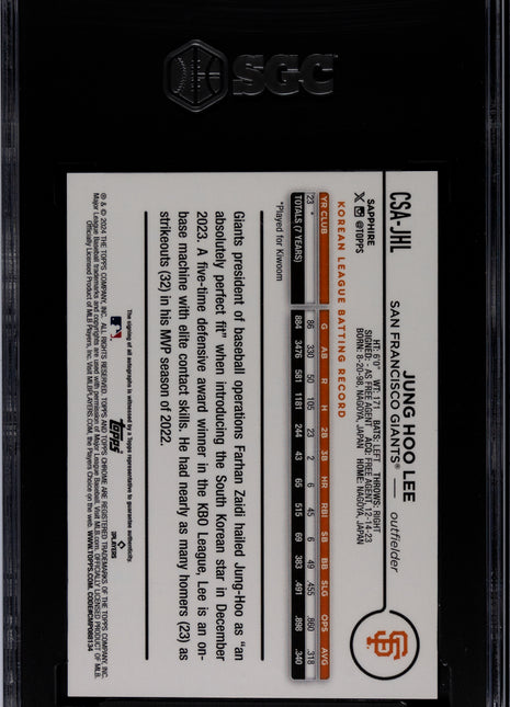 2024 Topps Chrome Sapphire Jung Hoo Lee Autograph Gold #CSA-JHL SGC 10