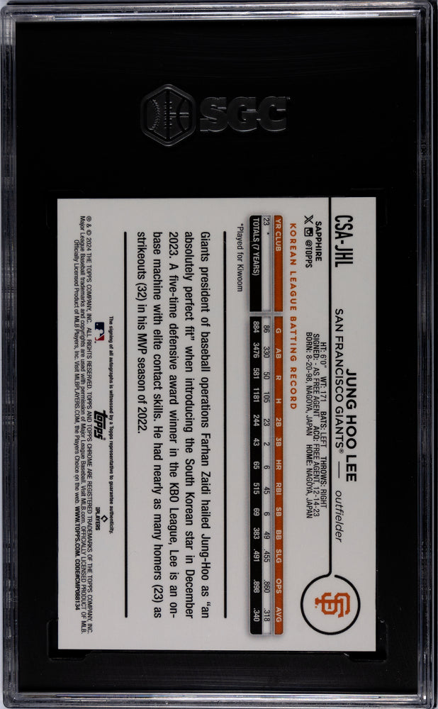 2024 Topps Chrome Sapphire Jung Hoo Lee Autograph Gold #CSA-JHL SGC 10