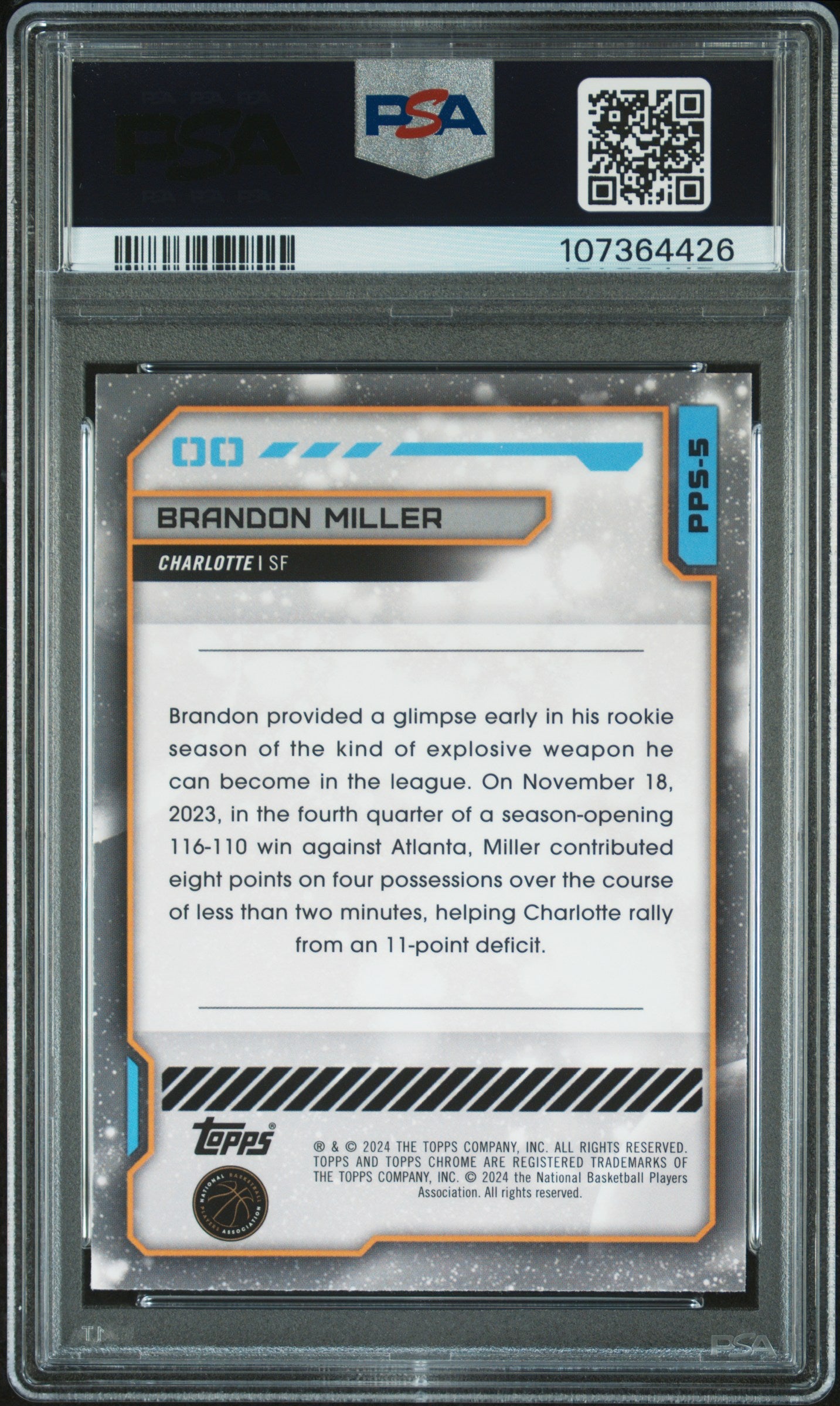 2023 Topps Cosmic Chrome Planetary Pursuit Brandon Miller Sun #PPS5 PSA 9