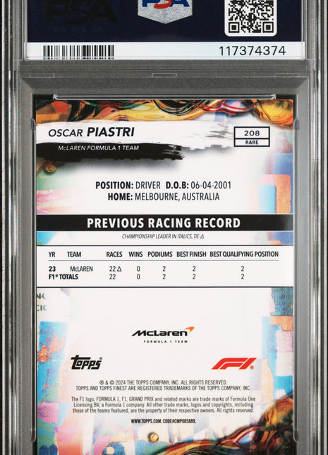 2024 Topps Finest Formula 1 Oscar Piastri Blue Refractor #208 88/99 PSA 9