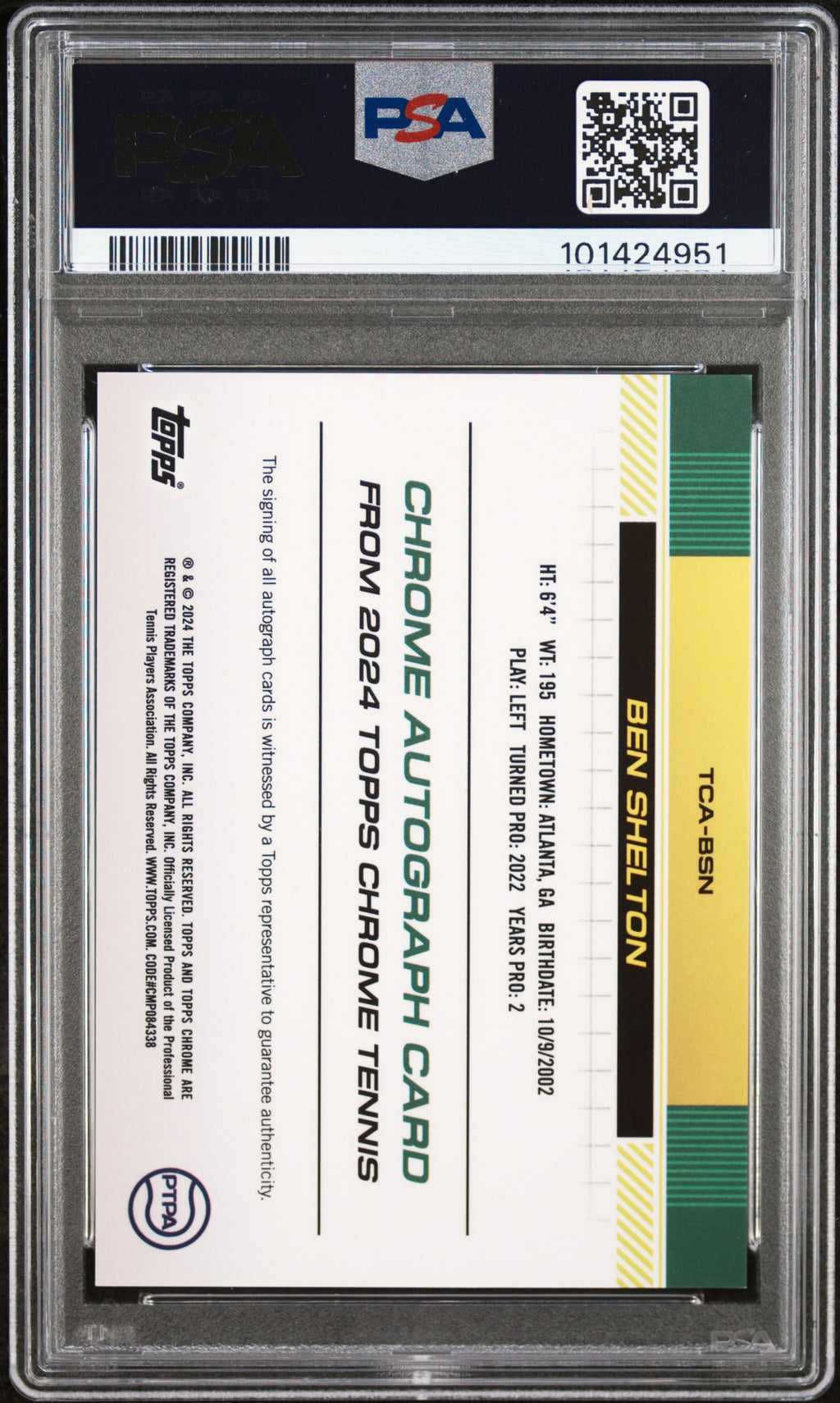 2024 Topps Chrome Tennis Autographs Ben Shelton Red Refractor #TCABSN / 5 PSA 10