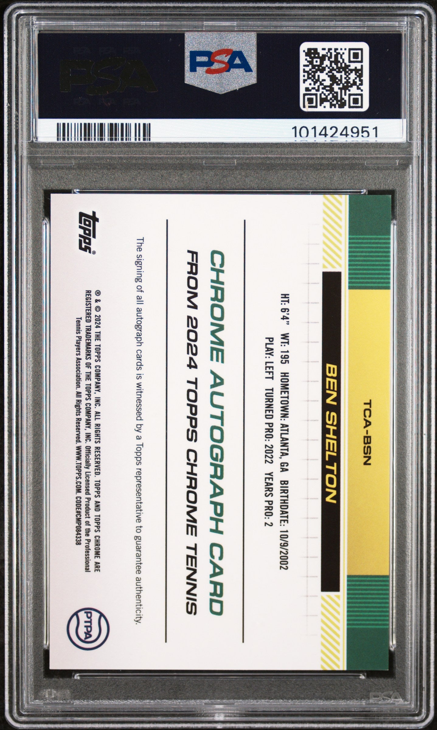 2024 Topps Chrome Tennis Autographs Ben Shelton Red Refractor #TCABSN / 5 PSA 10