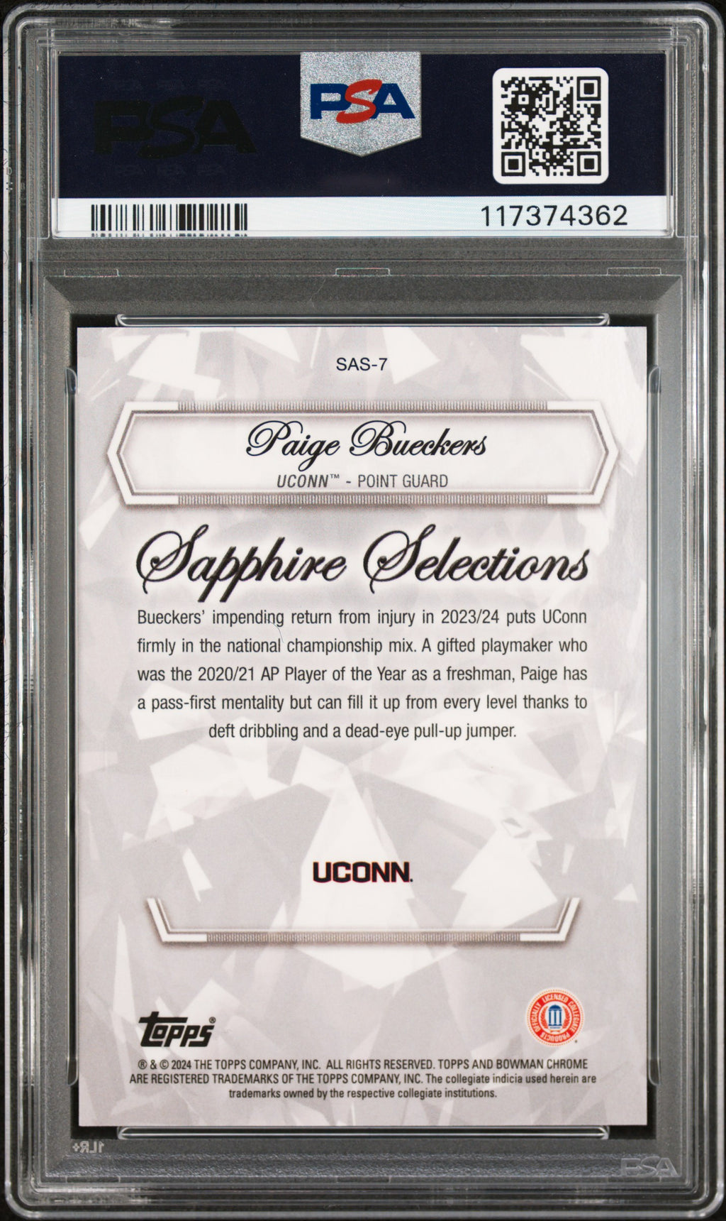 2023 Bowman University Chrome Sapphire Selections Paige Bueckers #SAS7 PSA 10
