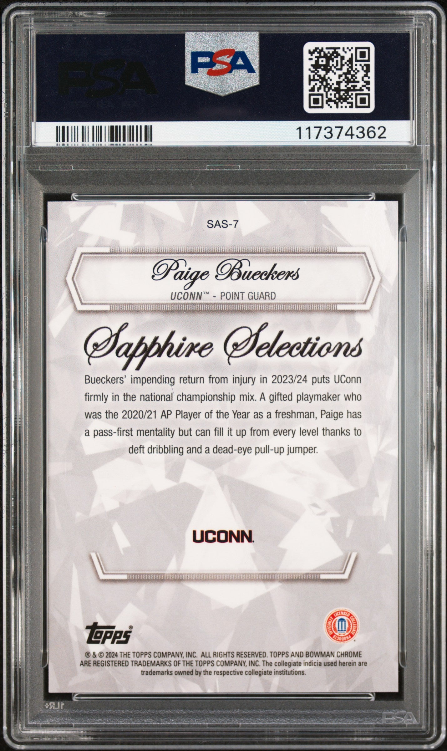 2023 Bowman University Chrome Sapphire Selections Paige Bueckers #SAS7 PSA 10