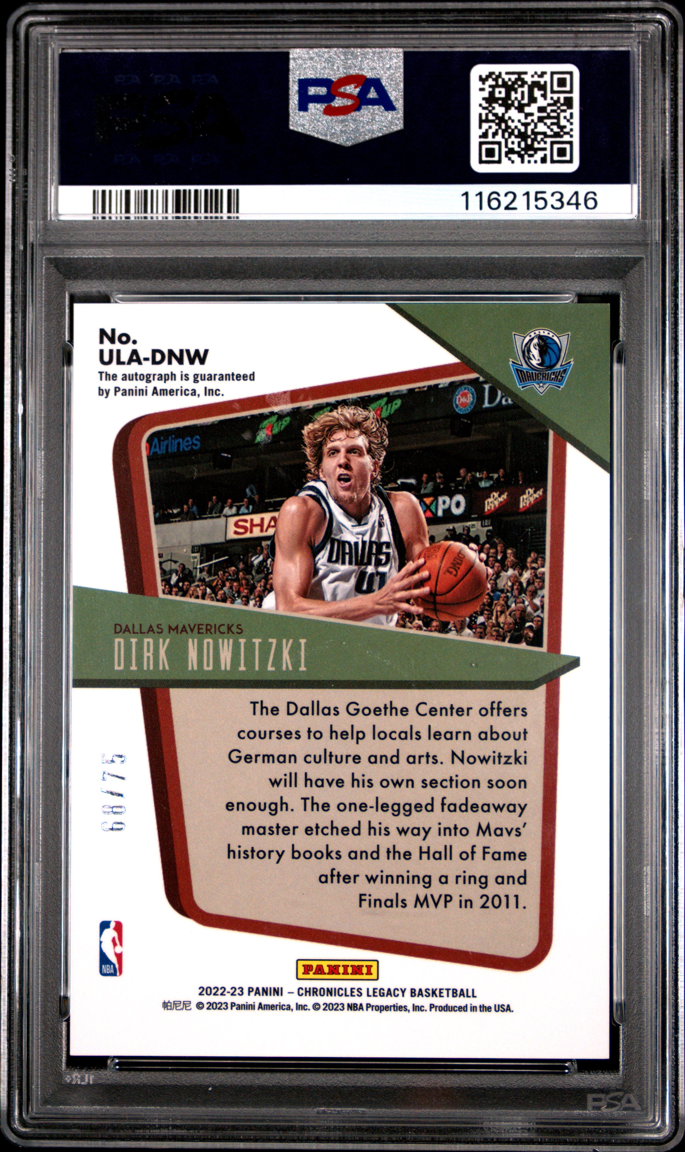 2022 Panini Chronicles Under The Lights Autographs Dirk Nowitzki #ULADNW PSA 9