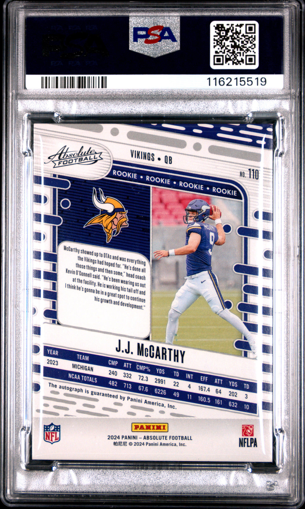 2024 Panini Absolute JJ Mccarthy Signature Spectrum #110 PSA 9
