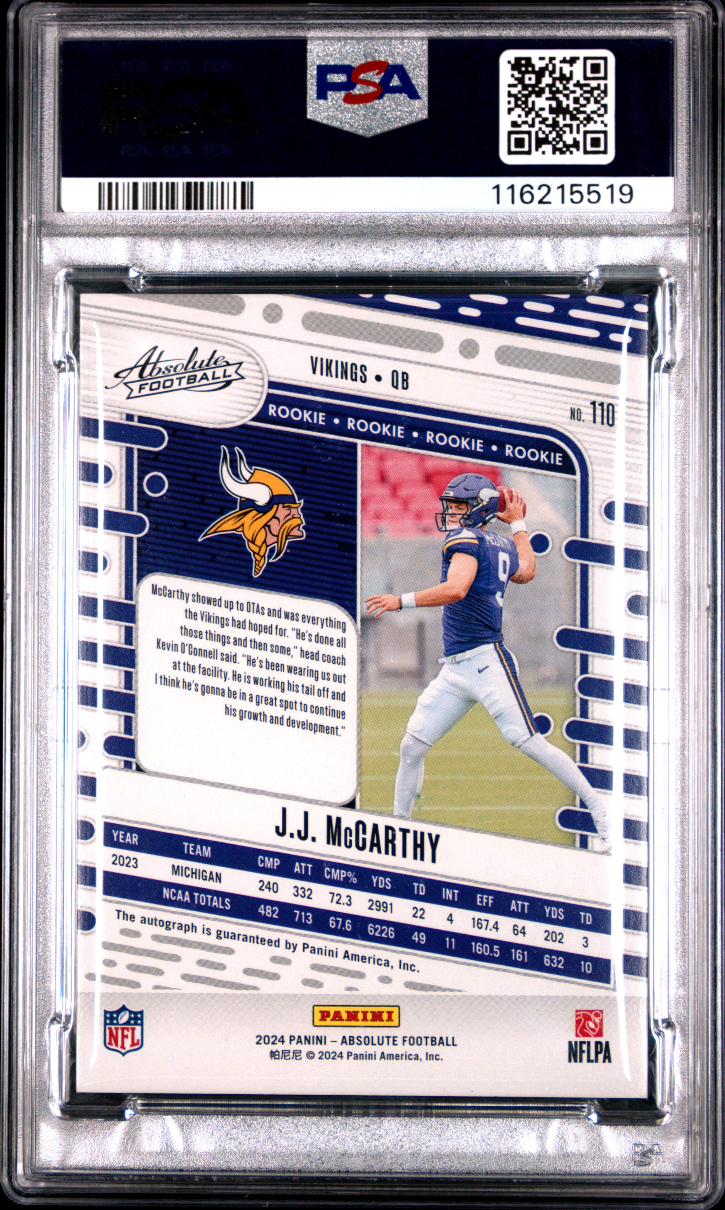 2024 Panini Absolute JJ Mccarthy Signature Spectrum #110 PSA 9