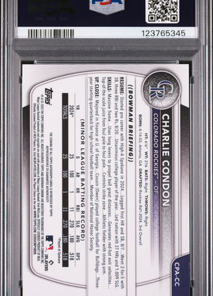 2025 Bowman Chrome Prospect Autographs Charlie Condon Gold Shimmer #CPACC PSA 9