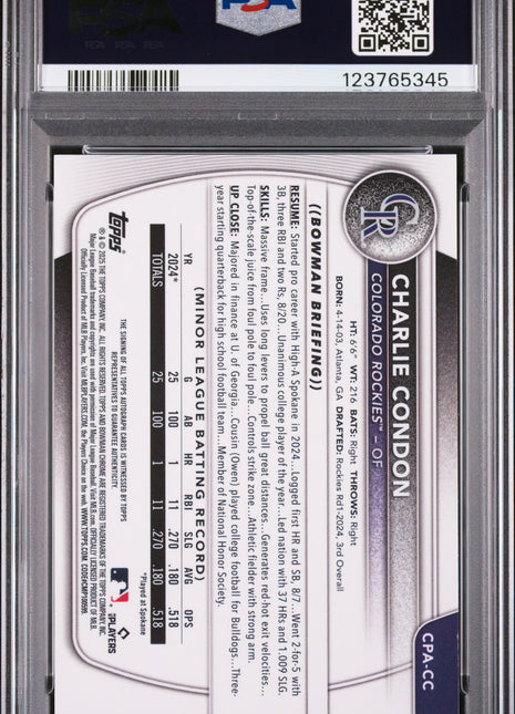 2025 Bowman Chrome Prospect Autographs Charlie Condon Gold Shimmer #CPACC PSA 9