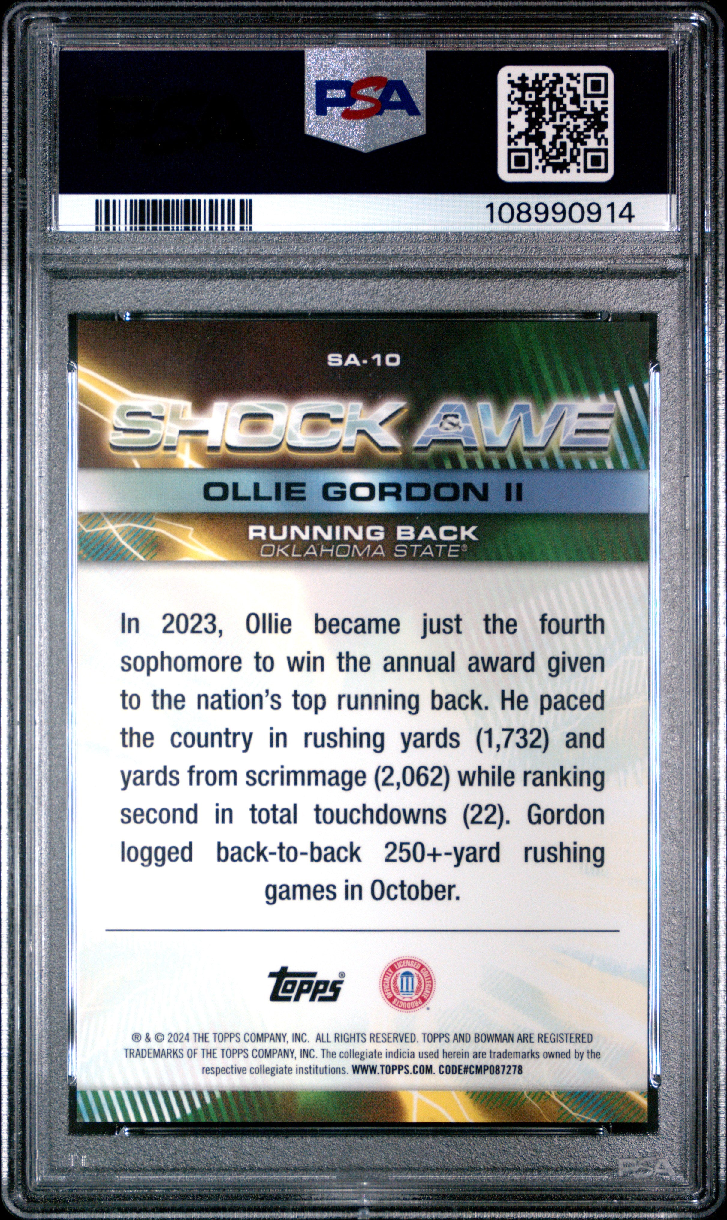 2024 Bowman Best University Shock & Awe Ollie Gordon II #SA10 PSA 10