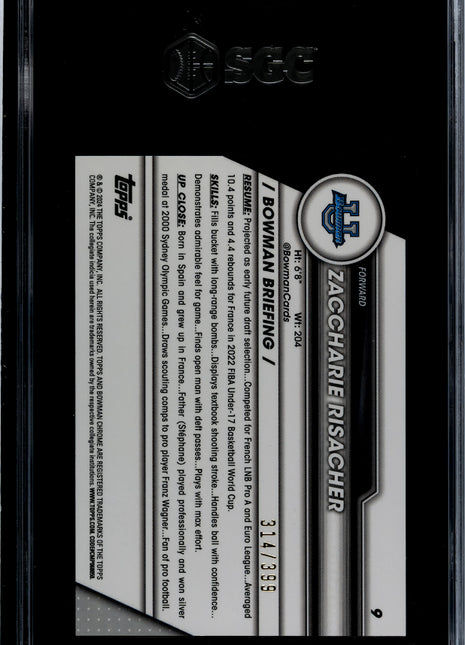 2023-24 Bowman U Chrome Zaccharie Risacher Purple Refractor /399 #9 SGC 10