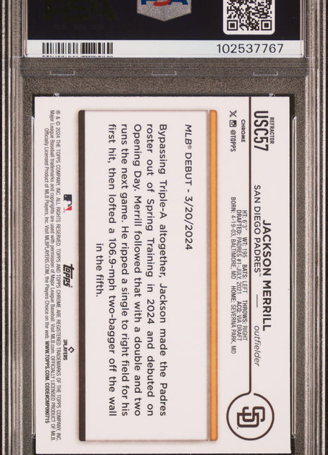 2024 Topps Chrome Update Jackson Merrill Prism PSA 9 2024 Topps Chrome Update Jackson Merrill Prism Refractor #USC57 PSA 9