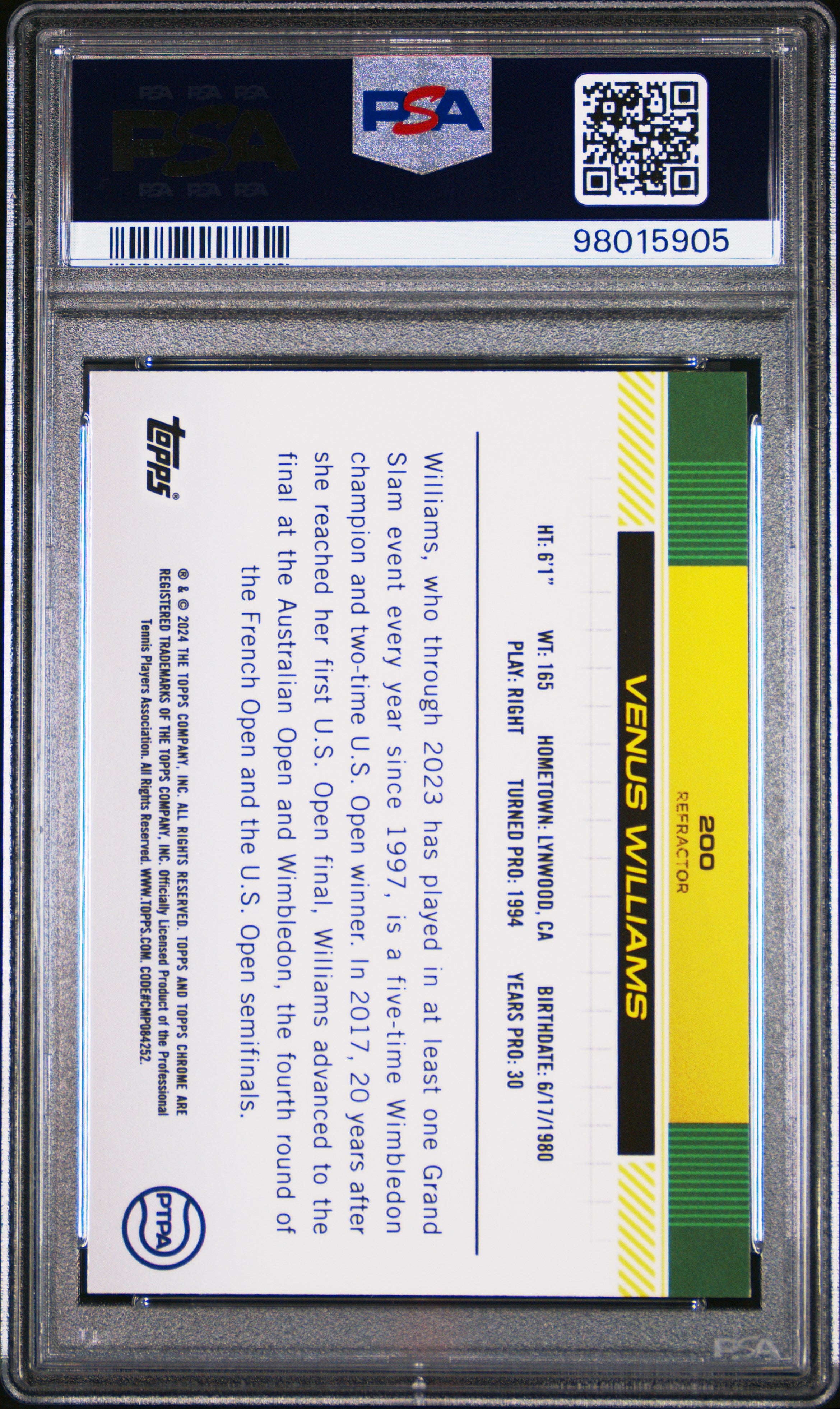 2024 Topps Chrome Tennis Venus Williams Refractor #200 PSA 9