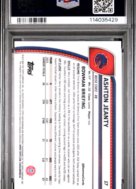 2024 Bowman University Chrome Sapphire Ashton Jeanty #17 PSA 10