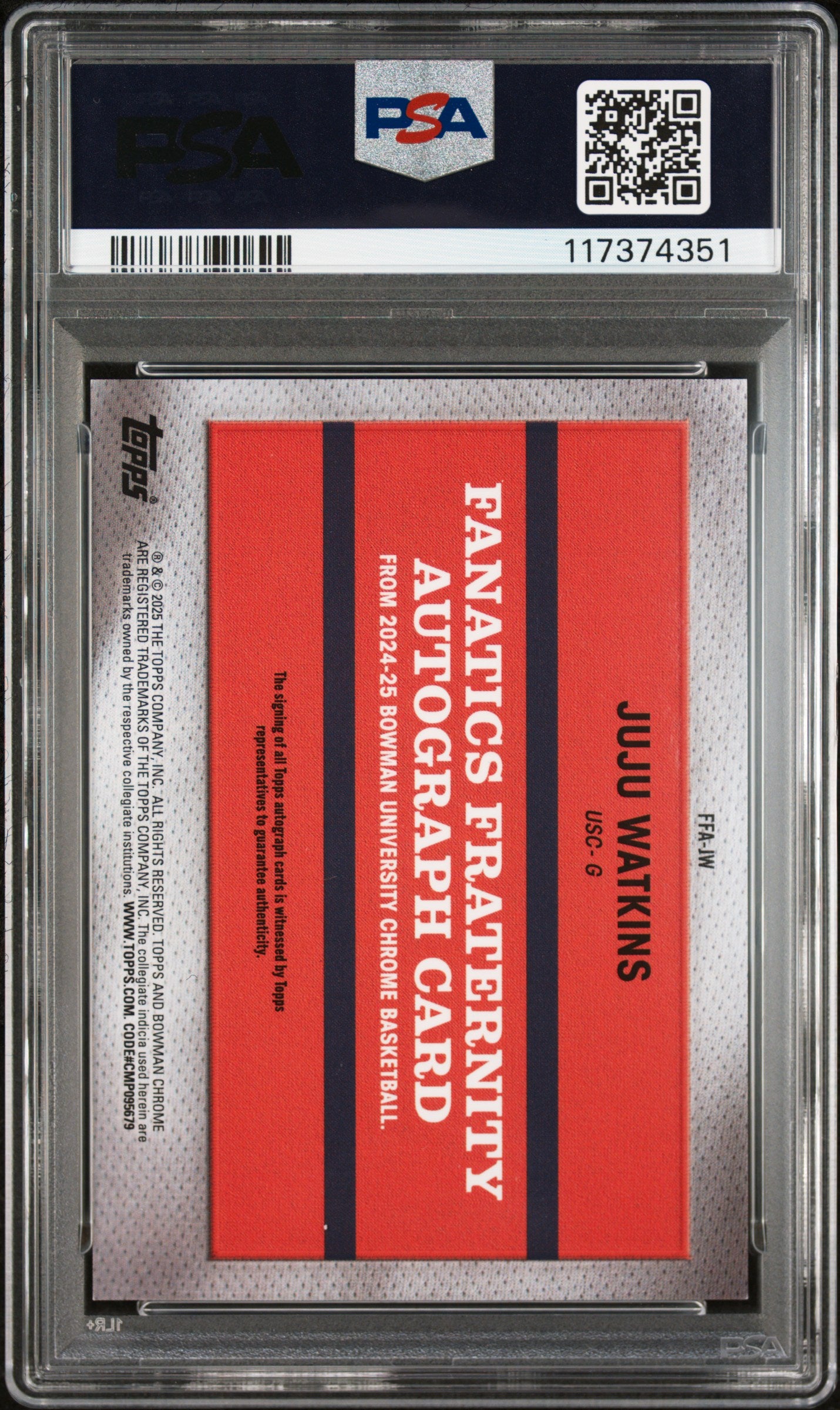 2024 Bowman Chrome University Fanatics Fraternity Autographs Juju Watkins #FFAJW PSA 9