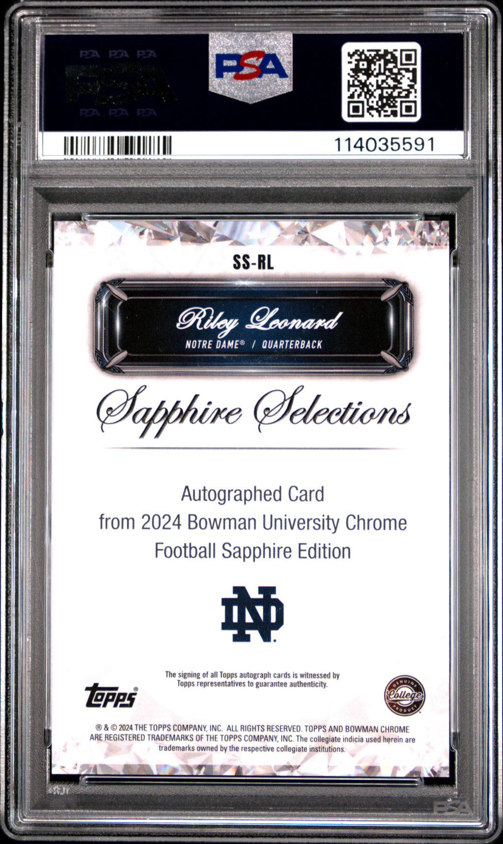 2024 Bowman University Chrome Sapphire Sapphire Selections Signatures Riley Leonard #SSRL PSA 10