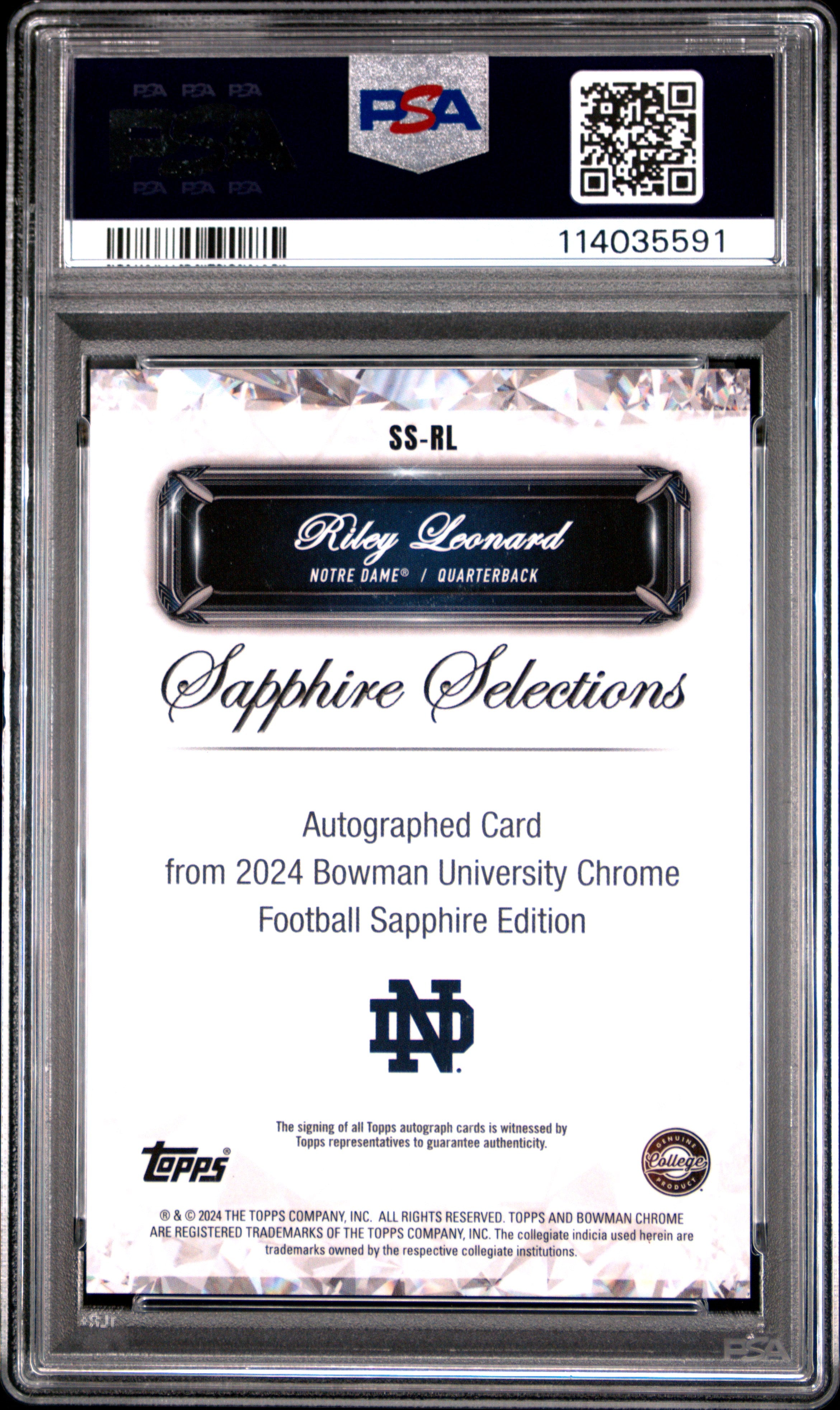 2024 Bowman University Chrome Sapphire Sapphire Selections Signatures Riley Leonard #SSRL PSA 10