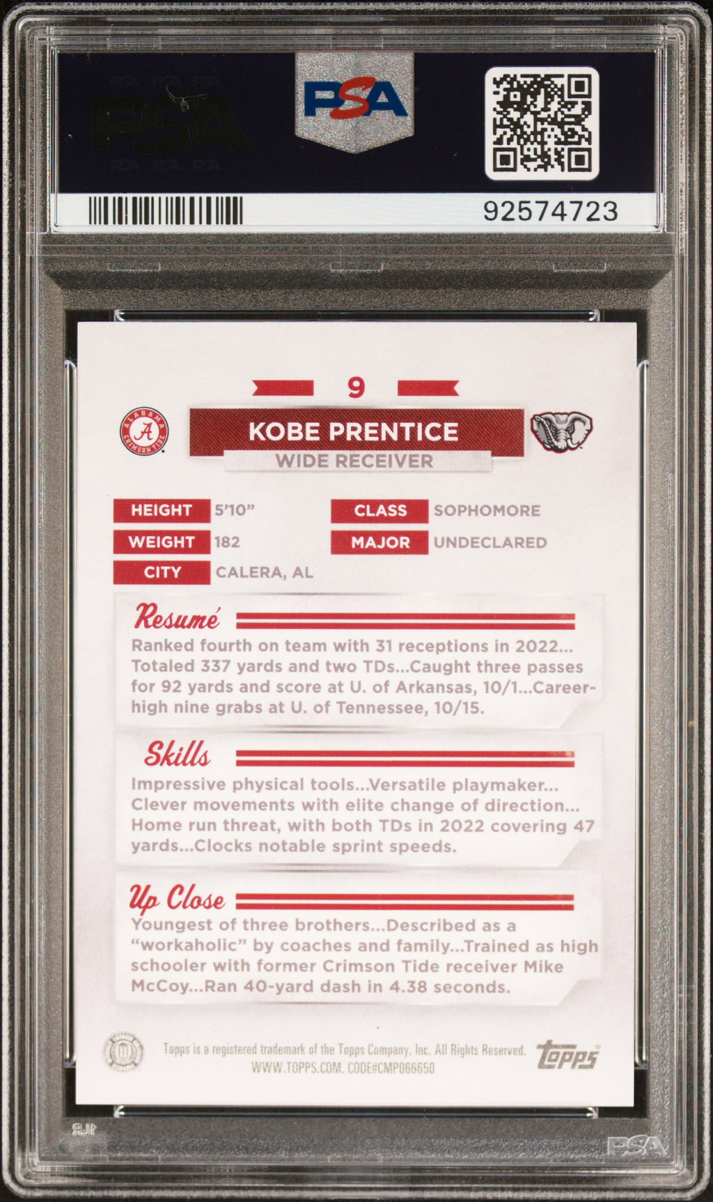 2023 Bowman University Alabama Kobe Prentice Red #9 PSA 10