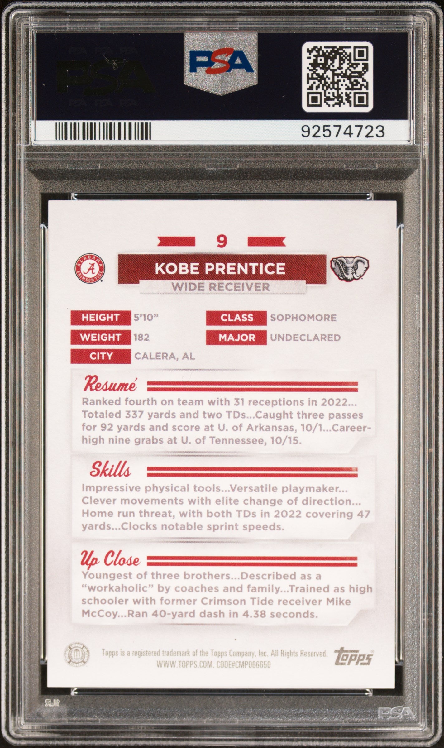 2023 Bowman University Alabama Kobe Prentice Red #9 PSA 10