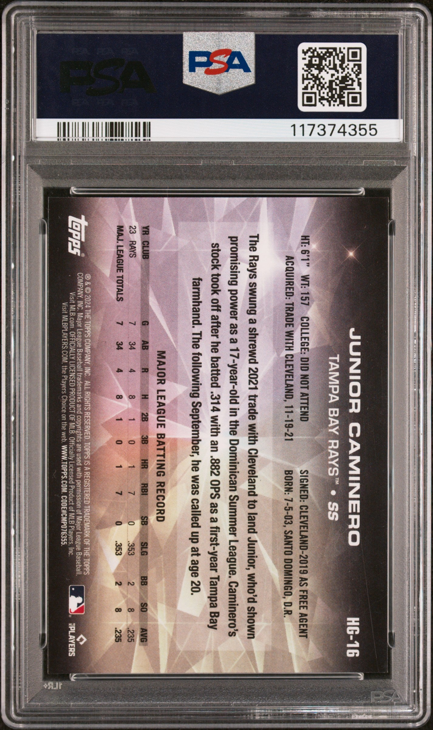 2024 Topps Hidden Gems Junior Caminero #HG16 PSA 9