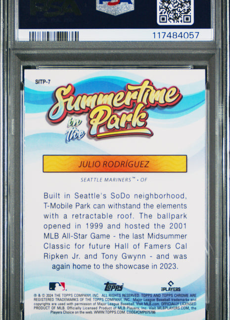 2024 Topps Chrome Summertime In The Park Julio Rodriguez Gold Ref #7 02/50 PSA 9