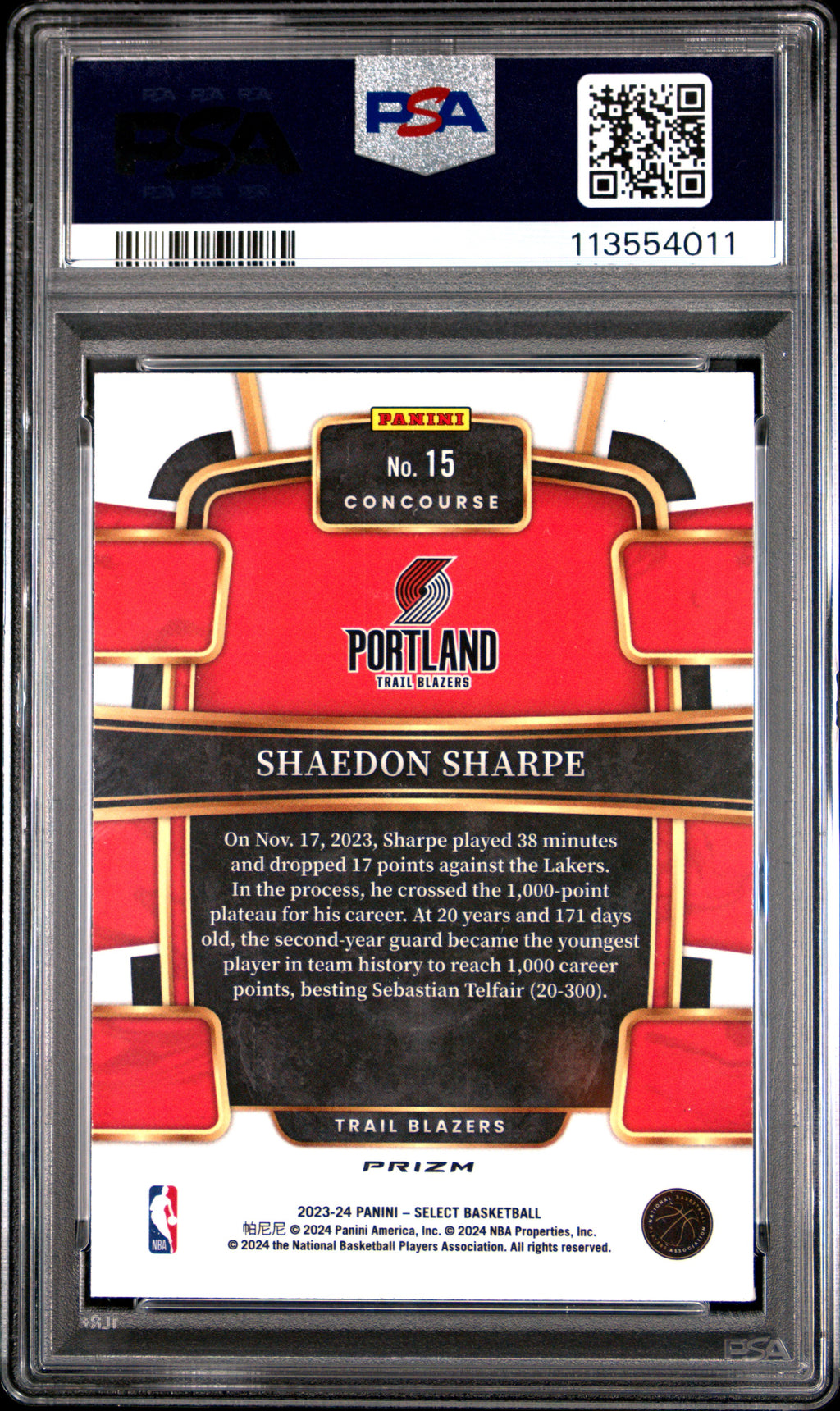 2023 Panini Select Shaedon Sharpe Elephant Prizm #15 PSA 9