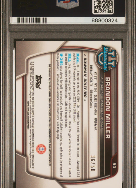 2022 Bowman Chrome University Brandon Miller Prospect Auto Gold Lava Ref #80 PSA 9
