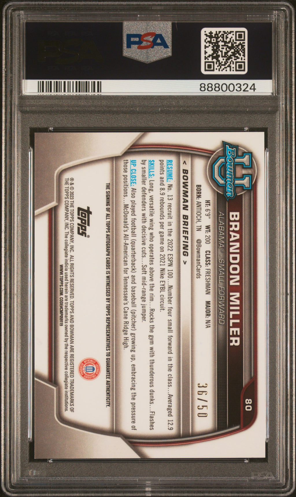 2022 Bowman Chrome University Brandon Miller Prospect Auto Gold Lava Ref #80 PSA 9