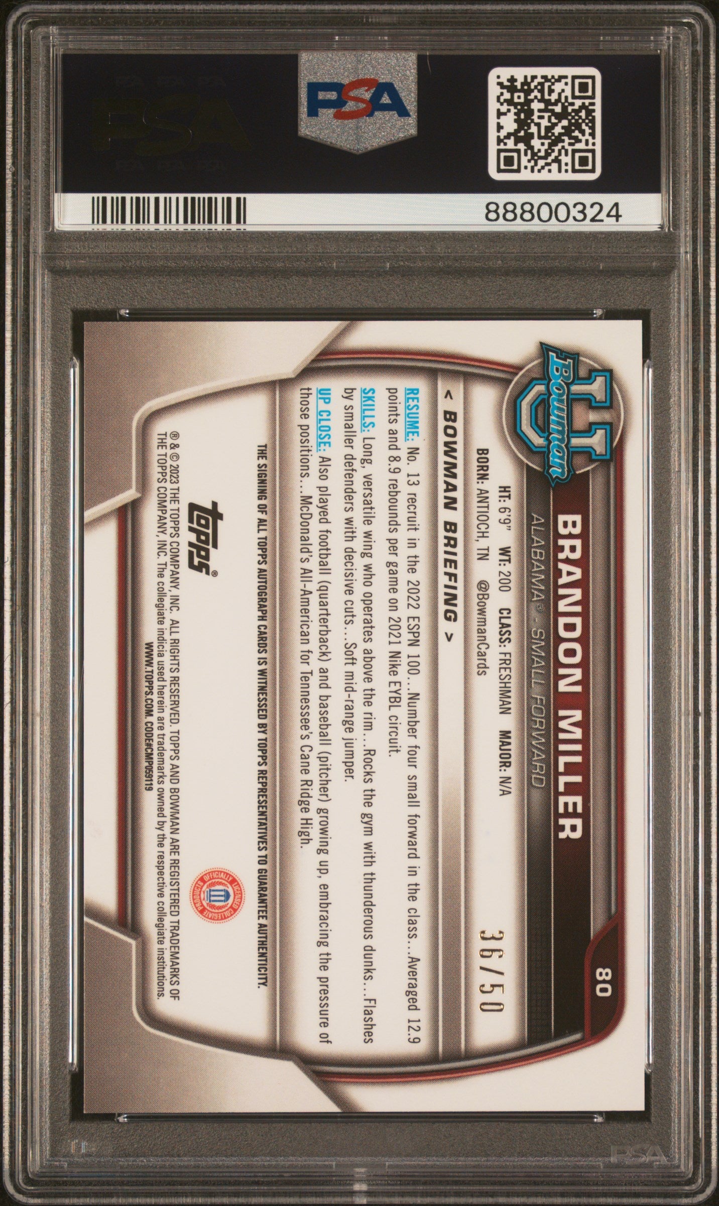 2022 Bowman Chrome University Brandon Miller Prospect Auto Gold Lava Ref #80 PSA 9