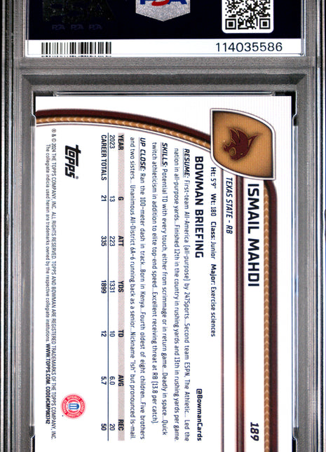 2024 Bowman University Chrome Sapphire Ismail Mahdi Orange Refractor #189 20/25 PSA 10