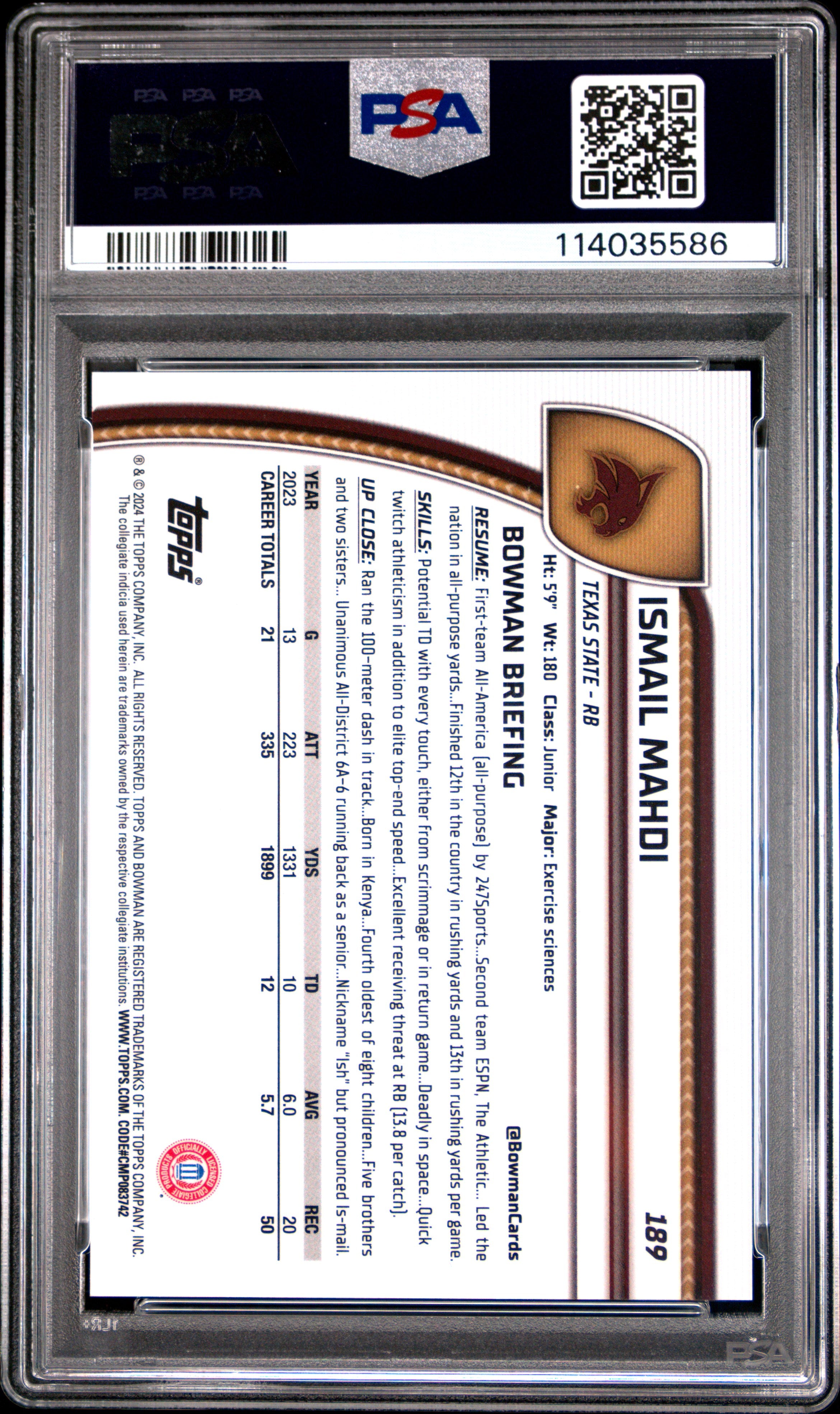 2024 Bowman University Chrome Sapphire Ismail Mahdi Orange Refractor #189 20/25 PSA 10